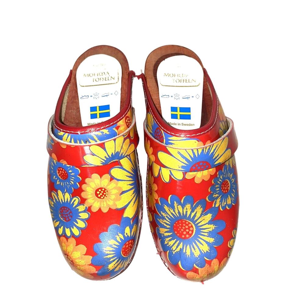 Moheda Toffeln Size 36 Us 5.5 Wooden Floral Sweden Leather Floral Clogs - Picture 2 of 7